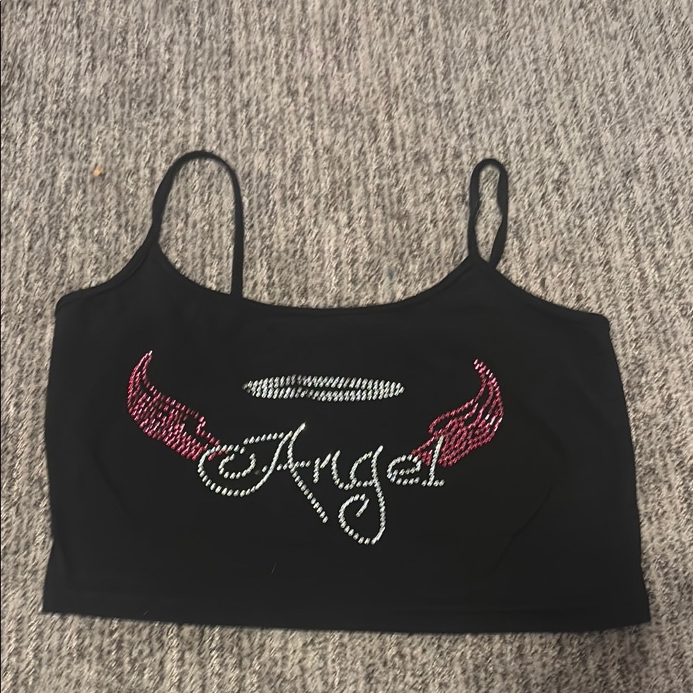 Black Crop Top with Rhinestone Angel Design Cropped TankTop